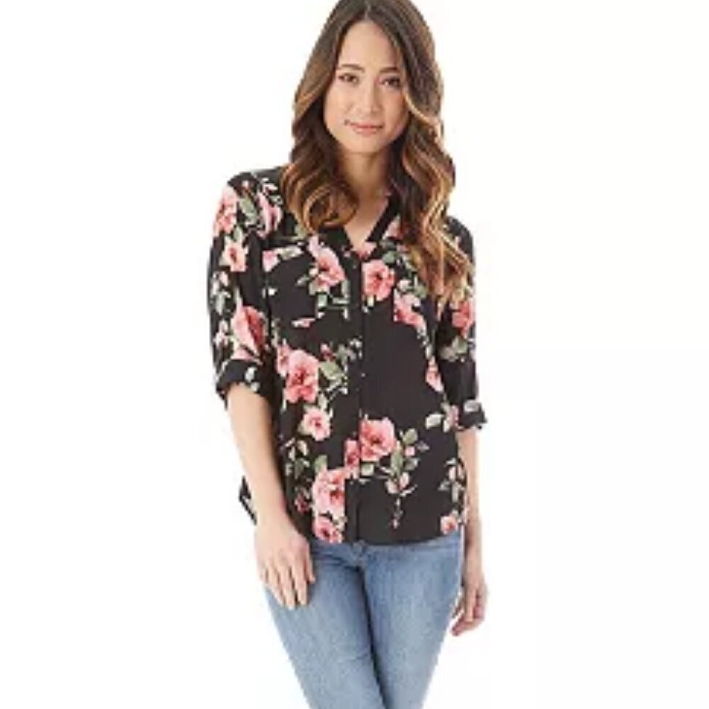 IZ Byer Size S Black with Pink & Green Floral Pattern Roll Tab Sleeve Blouse